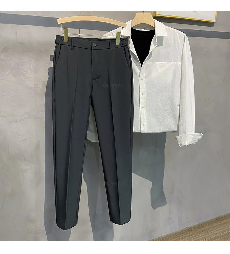 Veylora Summer Men's Casual Pants Suit Pant Slim Fit Work Elastic Waist Thin Jogging Business Trousers Male Black Grey Plus Size 40