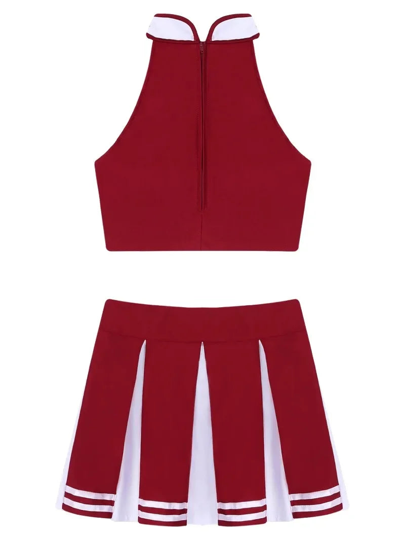 Veylora Carnival Costume 2Pcs Womens Adults Cheerleading Uniform Cosplay Outfit Crop Top with Mini Skirt Halloween Fancy Dress Up Party