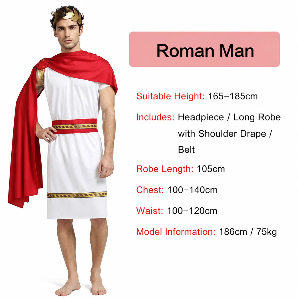 Veylora Roman Greek Costume Adult Men Women Couple Toga White Tunic Red Cape Gold Laurel Wreath Halloween Carnival Cosplay Outfit Set