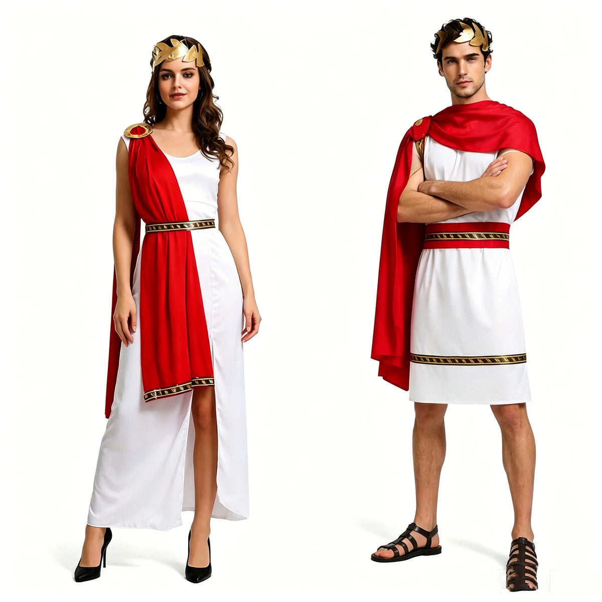 Veylora Roman Greek Costume Adult Men Women Couple Toga White Tunic Red Cape Gold Laurel Wreath Halloween Carnival Cosplay Outfit Set