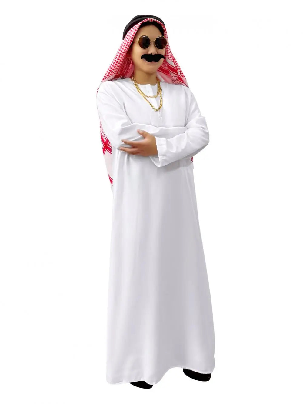 Veylora Arabian Dubai Costume Uae Sheik Cosplay White Robe Headscarf for Wealthy Saudi Birthday Costume Halloween Rich Man Outfit Polyes