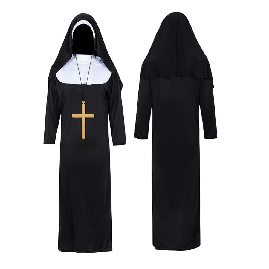 Veylora Halloween Costume  Cosplay Nun Costume Jumpsuit and Headscarf Cross Traditional Adult Sister Black Robe Religious Costumes