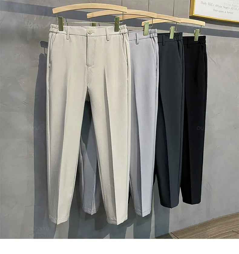 Veylora Summer Men's Casual Pants Suit Pant Slim Fit Work Elastic Waist Thin Jogging Business Trousers Male Black Grey Plus Size 40