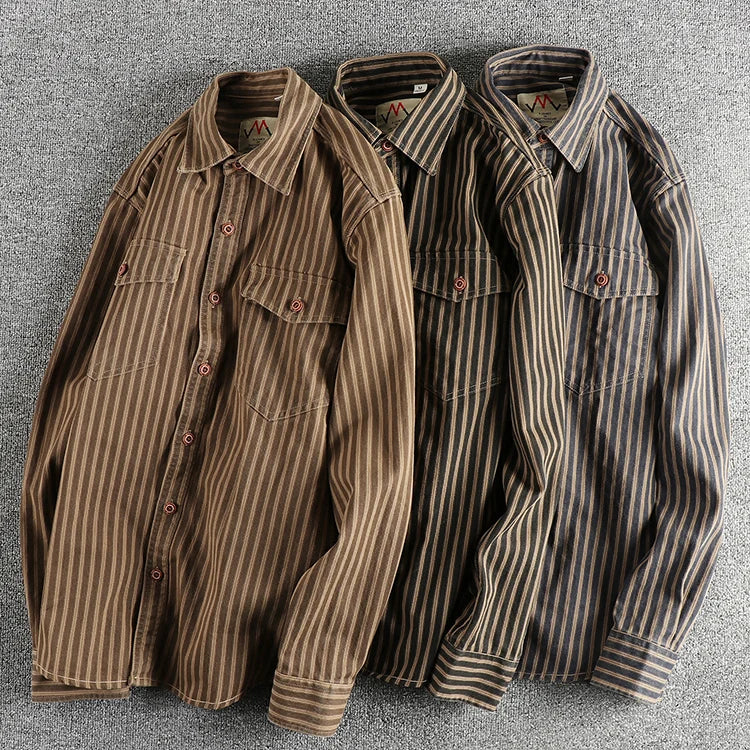 Veylora 2025 Autumn And Winter New American Retro Stripe Long-Sleeve Lapel Shirt Men's Simple Fashion Washed Multi-pocket Casual Blouses