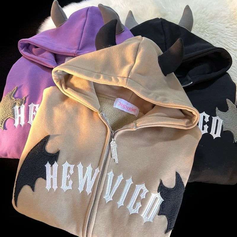 Veylora Hoodies Devil Women Men Dark Style Vintage Harajuku Hoody Zip Up Sweatshirt Hip Hop Streetwear Y2k Aesthetic Grunge Cardigan