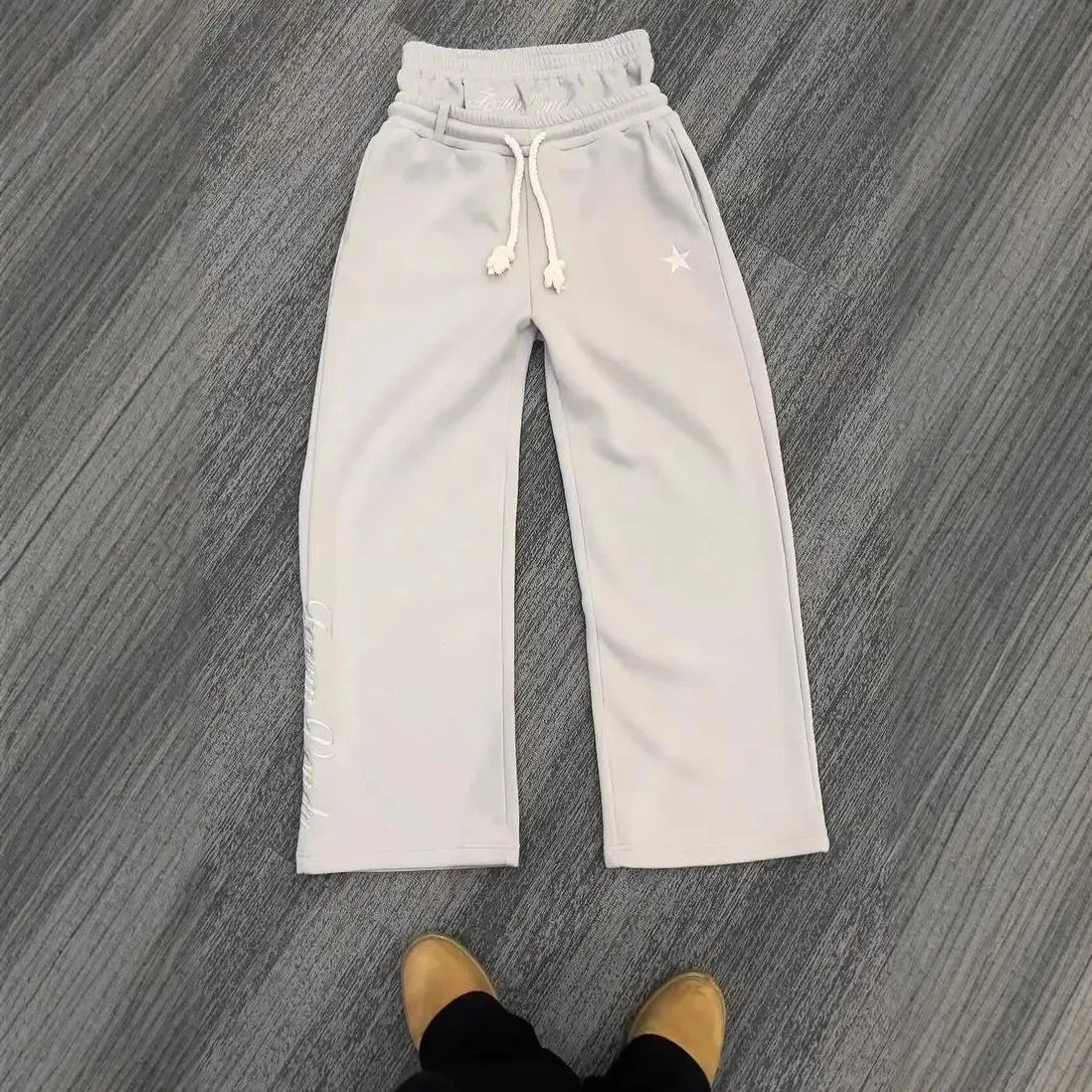 Veylora Harajuku Loose Double Waisted Sweatpants Y2K American Solid Color Letter Embroidery Casual Pants Hip Hop Drawstring Waist Jogger