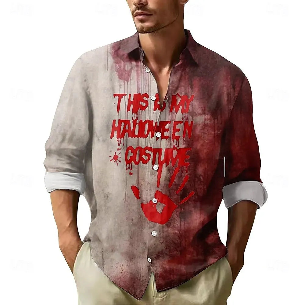 Veylora 2025 Halloween Men's Letter Printed Blood stains Shirt Button Up Shirt Long Sleeve Dark Punk Gothic Style Streetwear Men's Tops