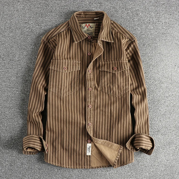 Veylora 2025 Autumn And Winter New American Retro Stripe Long-Sleeve Lapel Shirt Men's Simple Fashion Washed Multi-pocket Casual Blouses