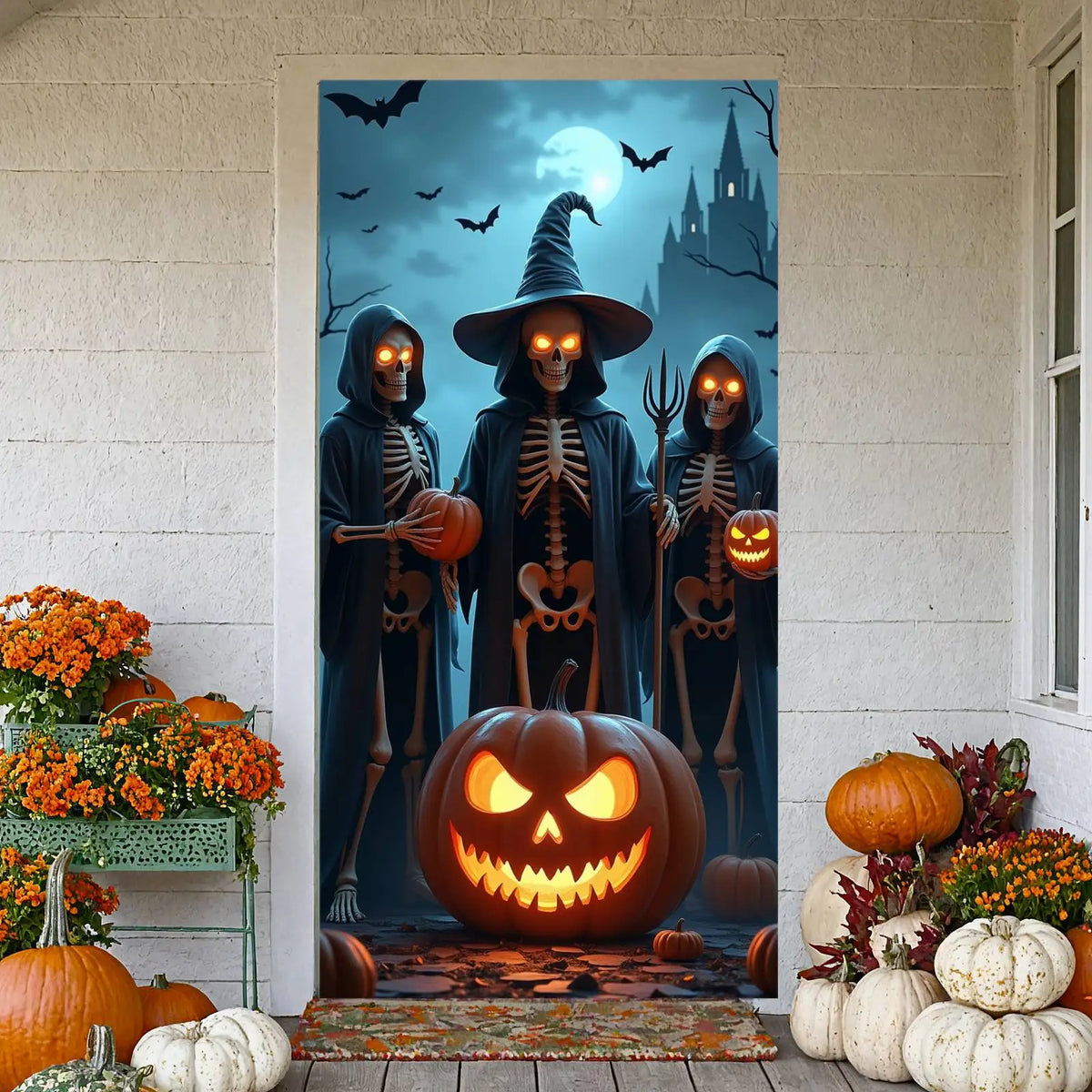 Veylora Halloween Decorations Door Cover Spooky Design Halloween Eerie Skeleton Gothic Jack O Lantern for Halloween Party Horror Decor