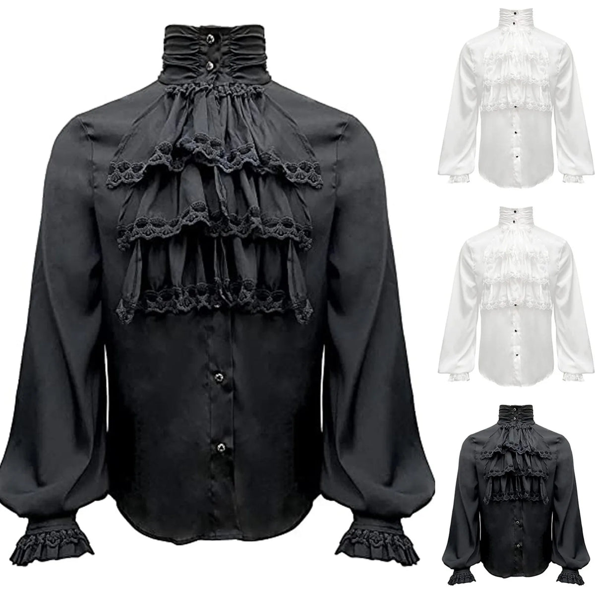 Veylora Men Steampunk Shirt Vintage Prince Medieval Renaissance Blouse Male White Black Turtleneck Tops Victorian Cosplay Costumes