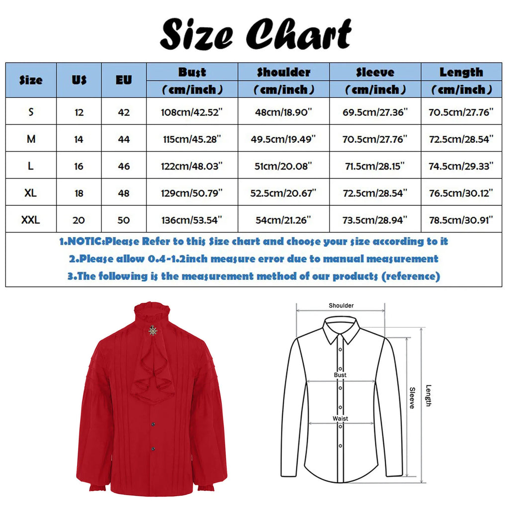 Veylora Men's Medieval Ruffle Shirts Gothic Vintage Court Style Turtleneck Long Sleeve Shirts Vampire Pirate Cosplay Victorian Shirt