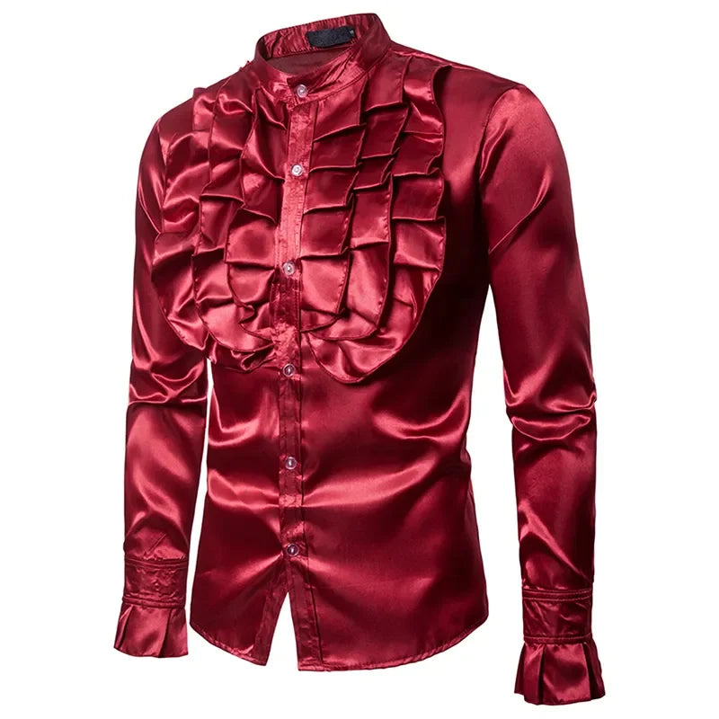 Veylora Vintage 70s Frill Ruffle Dress Shirt For Men Vicotorian Costume Top Gothic Punk Retro Tee Faxu Silk Cravat Shirt Halloween