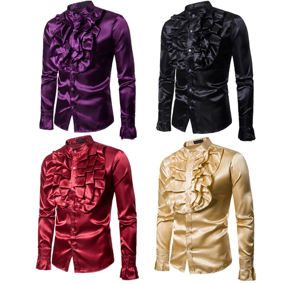 Veylora Vintage 70s Frill Ruffle Dress Shirt For Men Vicotorian Costume Top Gothic Punk Retro Tee Faxu Silk Cravat Shirt Halloween