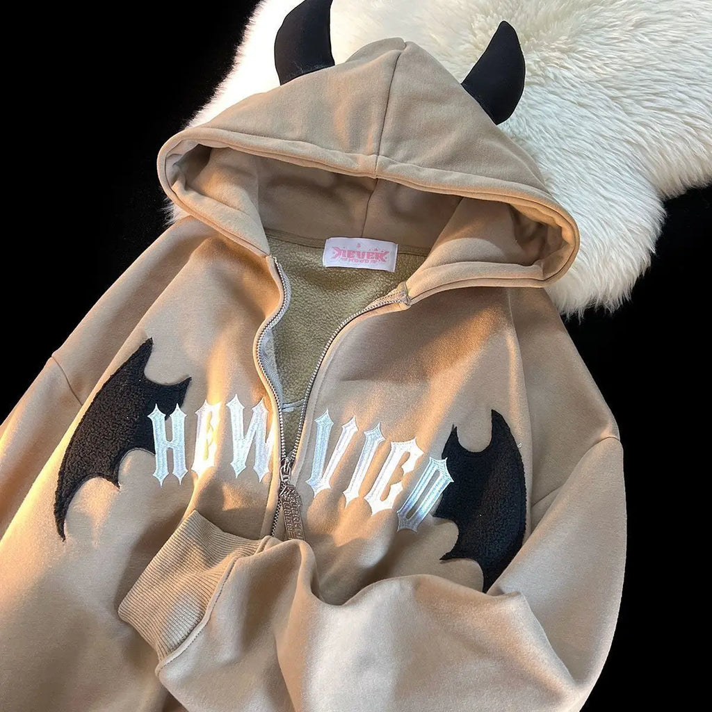 Veylora Hoodies Devil Women Men Dark Style Vintage Harajuku Hoody Zip Up Sweatshirt Hip Hop Streetwear Y2k Aesthetic Grunge Cardigan